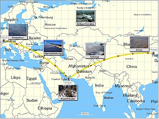 map with route zürich - dubai - beijing