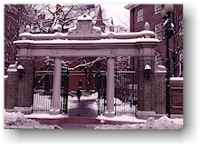 [ snow covered entrance to the harvard university campus ]